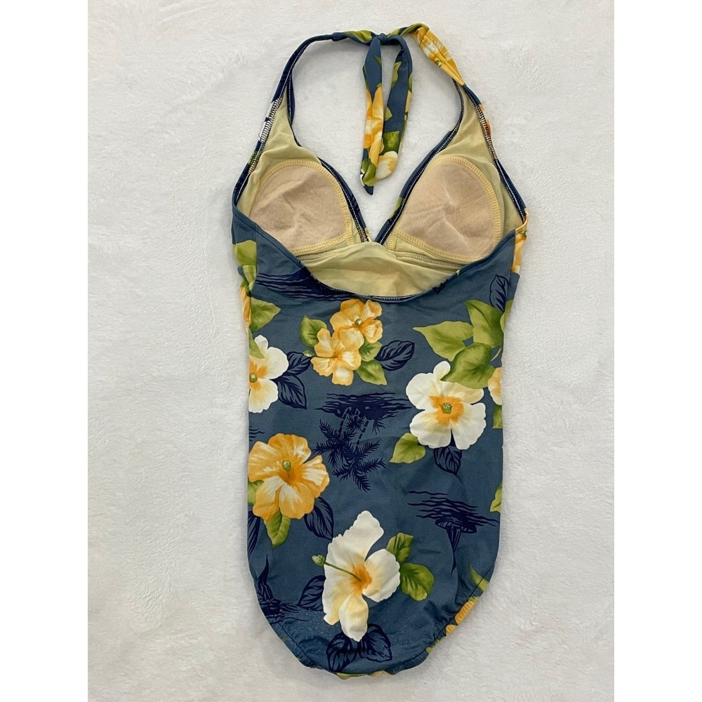 La Cabana Swimsuit Women's Size 10 Vintage 80's 90's Blue Hawaiian Flowers - Picture 2 of 10